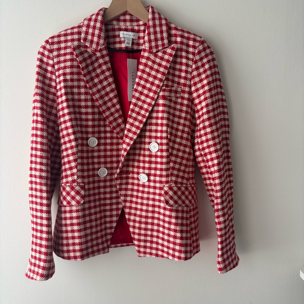 Topshop Red White Gingham Double Breast Blazer Sz US 4 - Picture 3 of 7